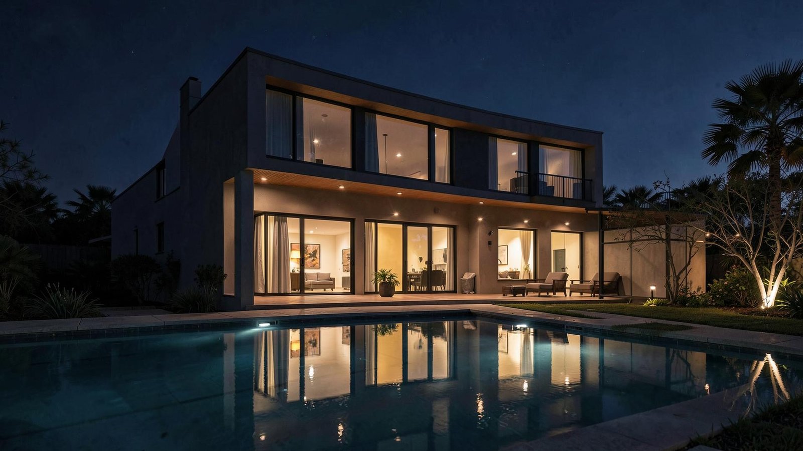 Casa moderna iluminada à noite com reflexo na piscina