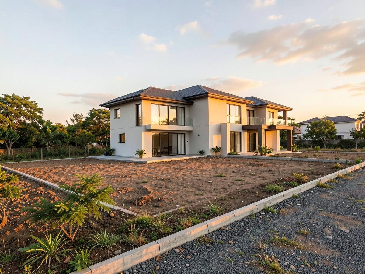 Casa residencial em terreno preparado ao entardecer