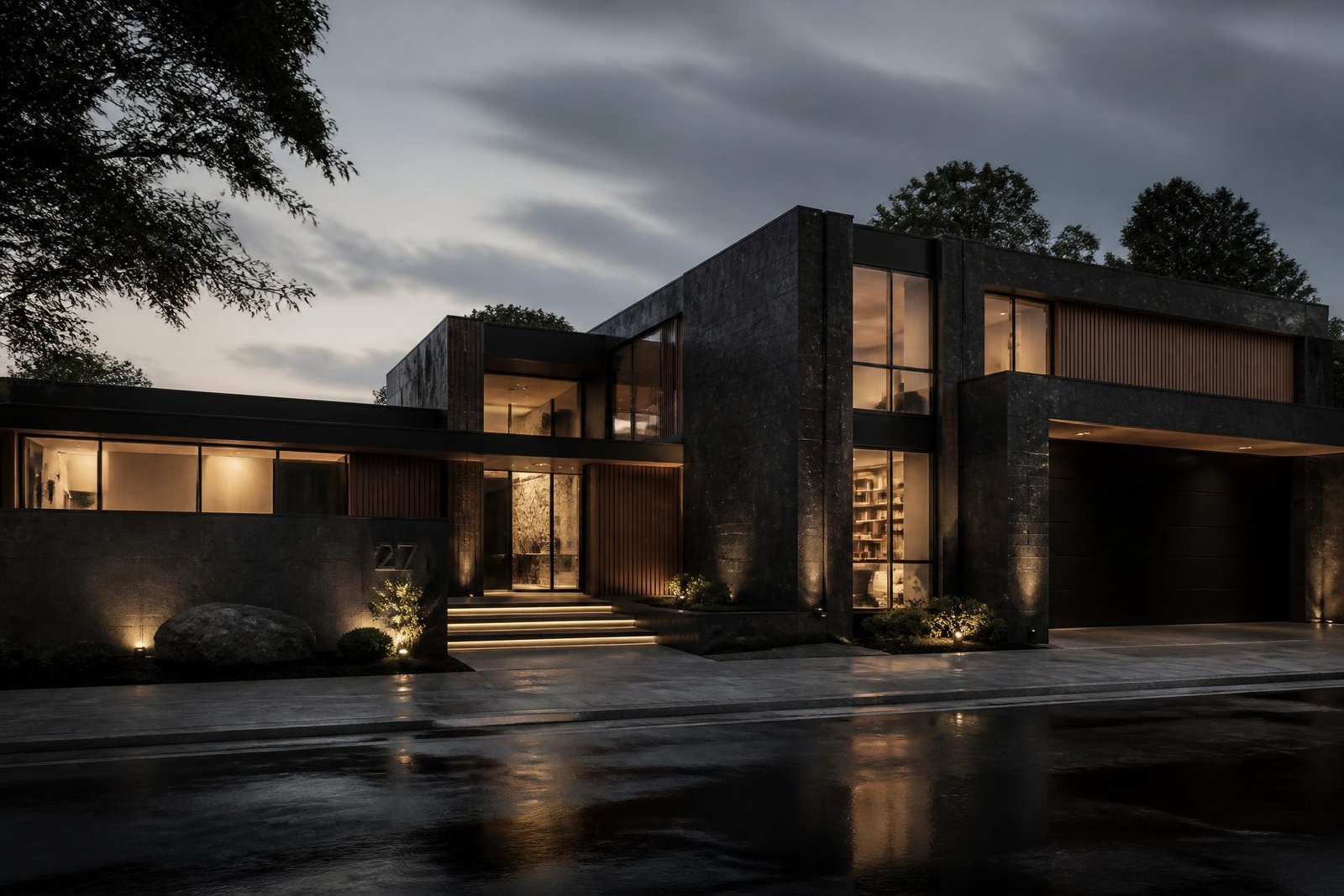 Residência contemporânea de alto padrão iluminada ao entardecer